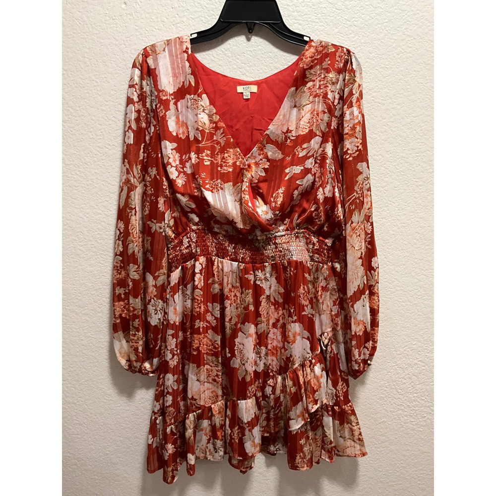 Kori America Red Floral Print Smocked  Ruffle V Neck Long Sleeve Dress Large